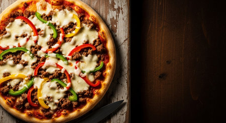 Pizza with minced meat, vegetables and cheese on a wooden backgroundの素材