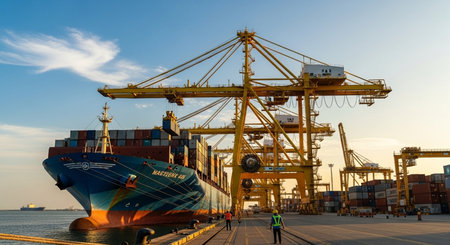 Industrial Container Cargo freight ship with working crane bridge at sunset for Logistic Import Export backgroundの素材