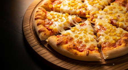 Pizza with corn and mozzarella cheese on a wooden boardの素材