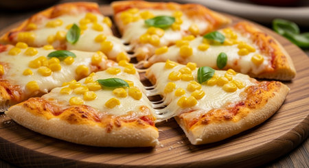 Pizza with corn and mozzarella on a wooden board.の素材