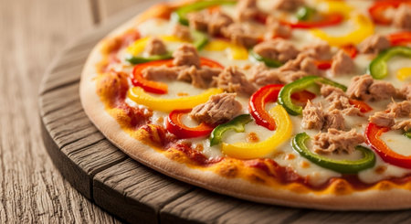 Pizza with tuna, bell pepper and onion on a wooden tableの素材