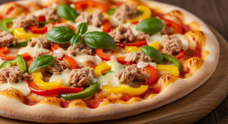Pizza with tuna, sweet pepper and basil on a wooden tableの素材