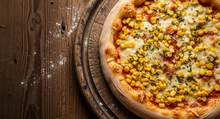 Pizza with corn and mozzarella cheese on a wooden backgroundの素材