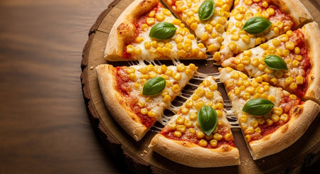 Pizza with corn and mozzarella on a wooden background.の素材