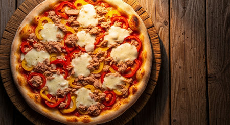 Pizza with tuna, bell pepper and mozzarella on wooden tableの素材