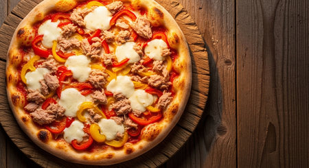 Pizza with tuna, bell pepper and mozzarella on wooden tableの素材