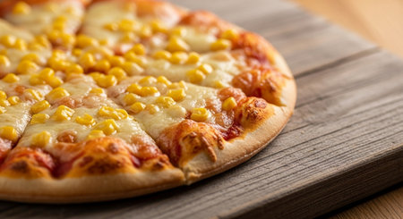 Pizza with corn and mozzarella on a wooden board.の素材