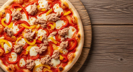 Pizza with tuna and pepper on wooden background. Top view.の素材