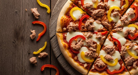 Pizza with tuna, pepper and onion on a wooden background.の素材