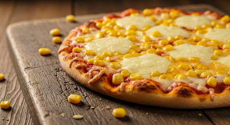 Pizza with mozzarella cheese and corn on wooden table.の素材
