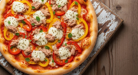 Pizza with tuna, bell pepper and mozzarella on wooden backgroundの素材