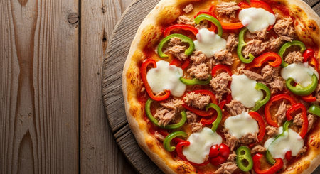 Pizza with tuna, pepper and mozzarella on wooden backgroundの素材