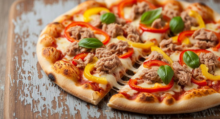 Pizza with tuna, bell pepper and basil on a wooden tableの素材