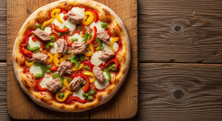 Pizza with tuna, bell pepper and green onion on wooden backgroundの素材