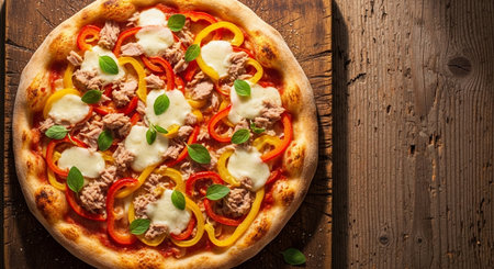 Pizza with tuna, bell pepper, onion and mozzarellaの素材