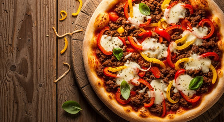 Pizza with minced meat, vegetables and mozzarella on wooden backgroundの素材