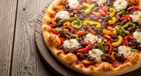 Pizza with minced meat, vegetables and mozzarella on wooden backgroundの素材