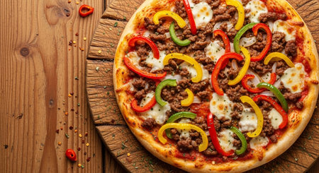 Pizza with minced meat and vegetables on wooden table. Top viewの素材