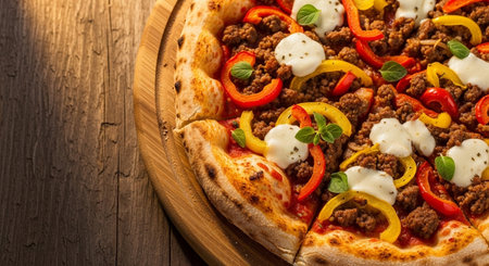 Pizza with minced meat, pepper and mozzarella on wooden tableの素材