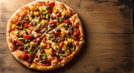 Pizza with meat and vegetables on a wooden background. Top viewの素材