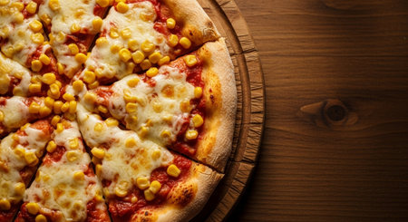 Pizza with mozzarella cheese, tomato sauce and corn on wooden backgroundの素材