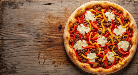 Pizza with minced meat, cheese and bell pepper on wooden backgroundの素材