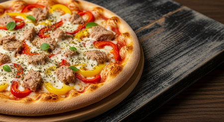 Pizza with tuna, pepper and mozzarella on wooden backgroundの素材