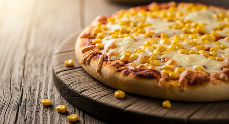 Pizza with mozzarella cheese and corn on wooden table.の素材