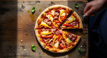 Pizza with ham, pepper, cheese and tomato on wooden tableの素材