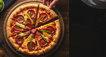 top view of female hands taking slice of pepperoni pizza from wooden tableの素材
