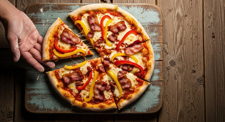 Pizza with salami, pepper and cheese on a wooden backgroundの素材