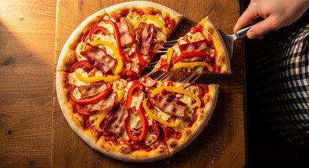 Pizza with bacon, cheese and pepper on a wooden table.の素材