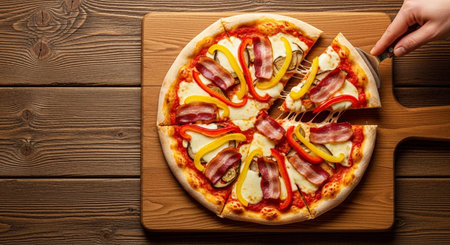 Pizza with bacon and pepper on a wooden table. Top viewの素材