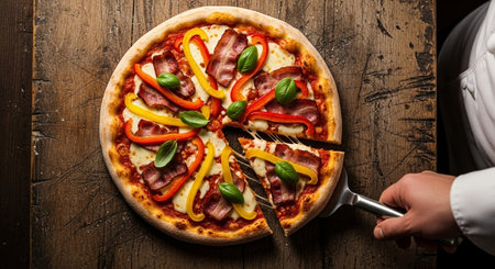 Pizza with ham, cheese and pepper on a wooden background.の素材