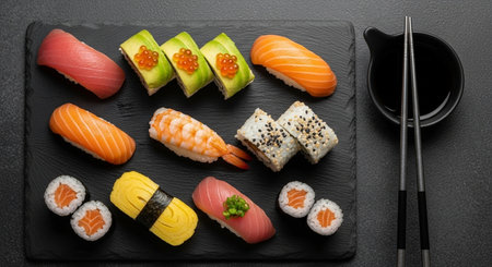Sushi set on a black stone background. Top view, flat layの素材