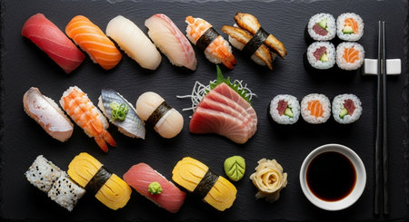 Sushi set on black stone background, top view. Japanese foodの素材