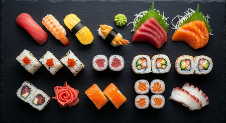 Sushi set on a black background, top view. Japanese foodの素材