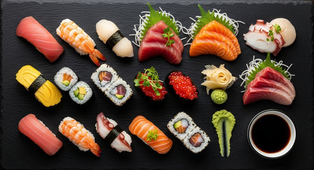 Sushi set on a black background, top view. Japanese food.の素材