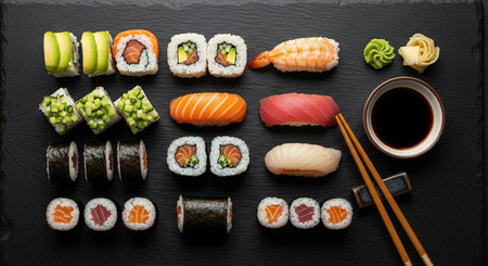 Sushi set on black stone background. Top view, flat layの素材