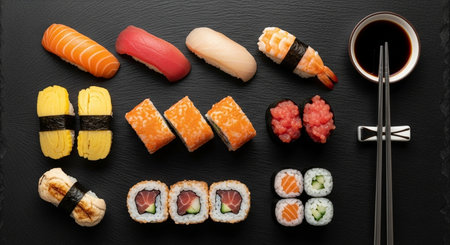 Sushi set on black stone background. Top view, flat layの素材