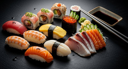 Sushi set on black stone background. Japanese food restaurant menu.の素材