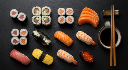 Sushi set on a black background. Sushi rolls, nigiri, nigiri, salmon, tuna, eel, caviar, wasabi and soy sauce. Top viewの素材
