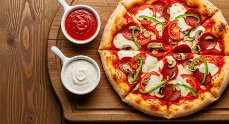Pizza with mozzarella cheese, pepper and tomato on a wooden backgroundの素材