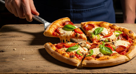 Pizza with mozzarella cheese, tomato and basil on a wooden tableの素材