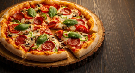 Pizza with salami, mushrooms and mozzarella on wooden backgroundの素材