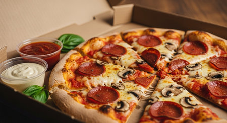 Delicious pizza in cardboard box on wooden table, close-upの素材