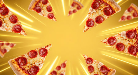 Pizza with flying pepperoni slices on yellow background, top viewの素材