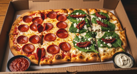 Delicious italian pizza with salami and spinach in cardboard boxの素材