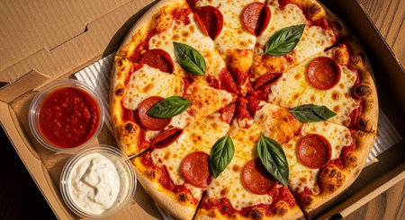 Pizza with mozzarella cheese and tomato sauce in a cardboard boxの素材