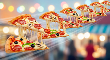 Pizza flying in the air over blurred background with bokehの素材